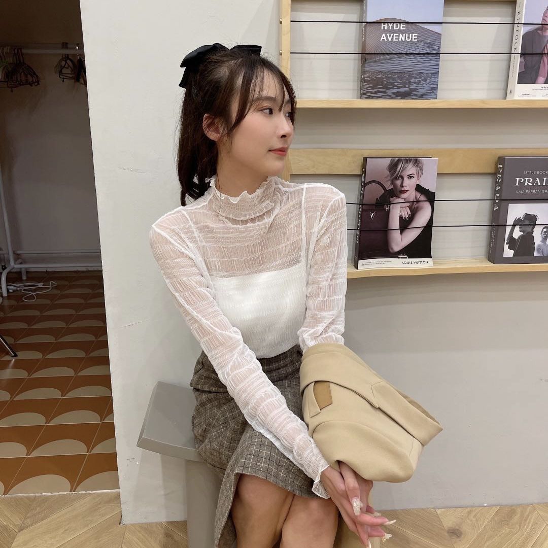 New slimming pile half turtleneck pleated lace mesh bottoming shirt women's autumn and winter long sleeve inner wear temperament