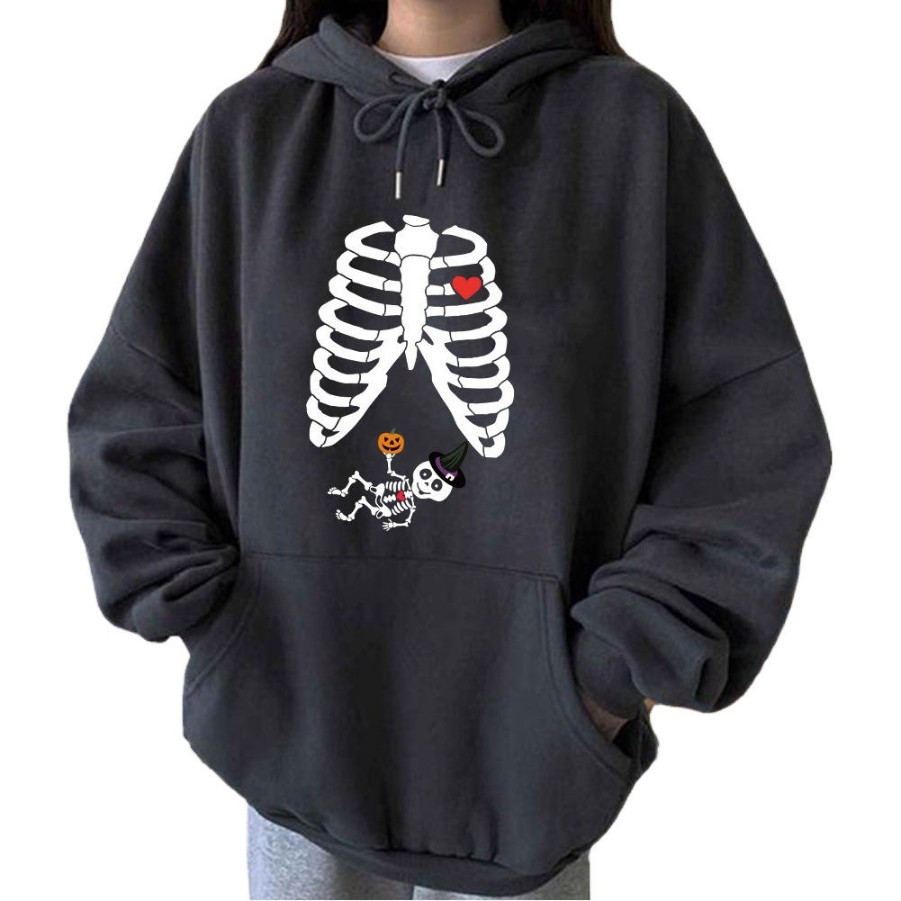 2021 cross-border autumn Halloween new rib printed drop-shoulder sleeve drop-shoulder hooded thermal sweater