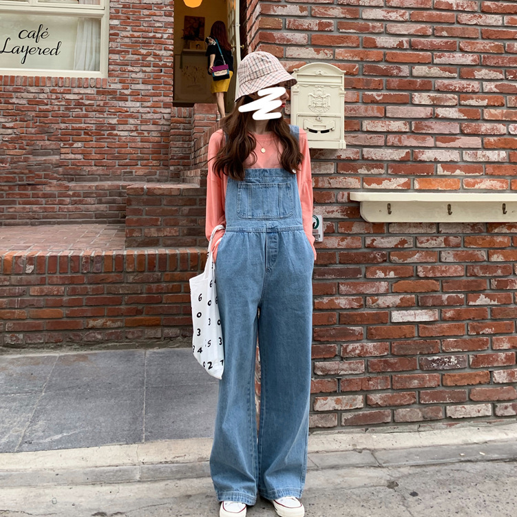 Picture of Japanese Style Versatile Denim Overalls for Women 2024 Spring & Fall New Design Retro Loose Suspenders Wide Leg Long Pants