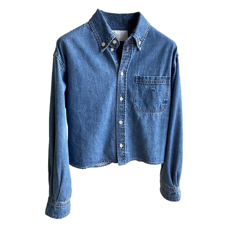 Picture of Blogger Accent ~ Fashionable, Simple and Versatile High-End Embroidered Flap Pocket Pants Cotton Short Denim Shirt for Women 2025 Spring & Fall Style