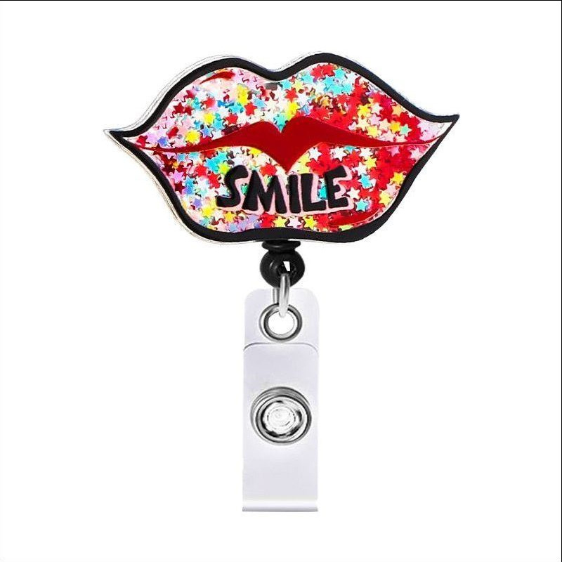 Picture of Acrylic Hollow Sand Easy Pull Buckle Cartoon Smiley Needle Retractable Rotating Easy Pull Badge Reel