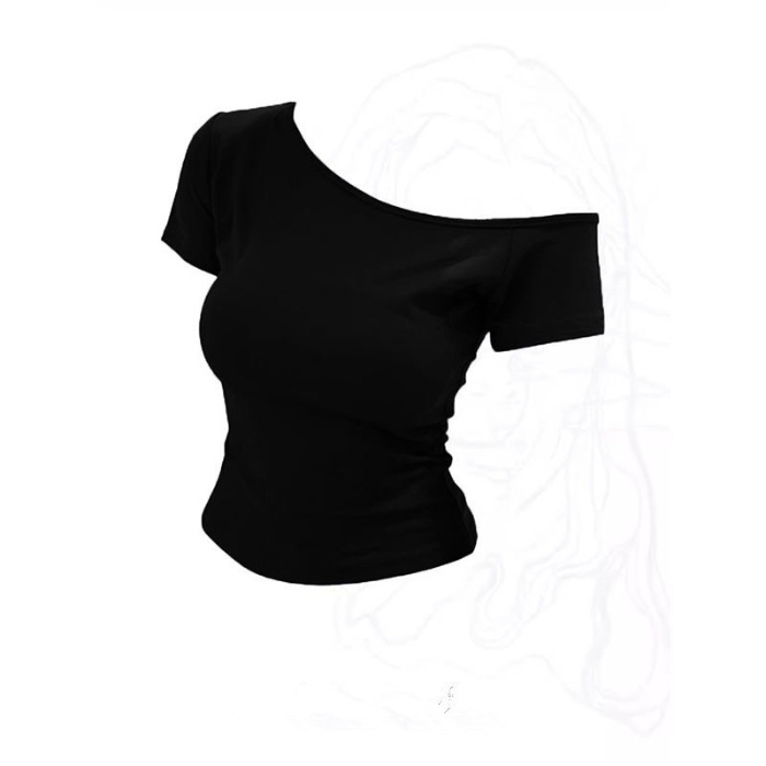 Picture of Ribbed American Letter Slant Collar Off-Shoulder Pure Desire Short T-Shirt Summer Sexy Waist Slimming Short-Sleeved Top for Women
