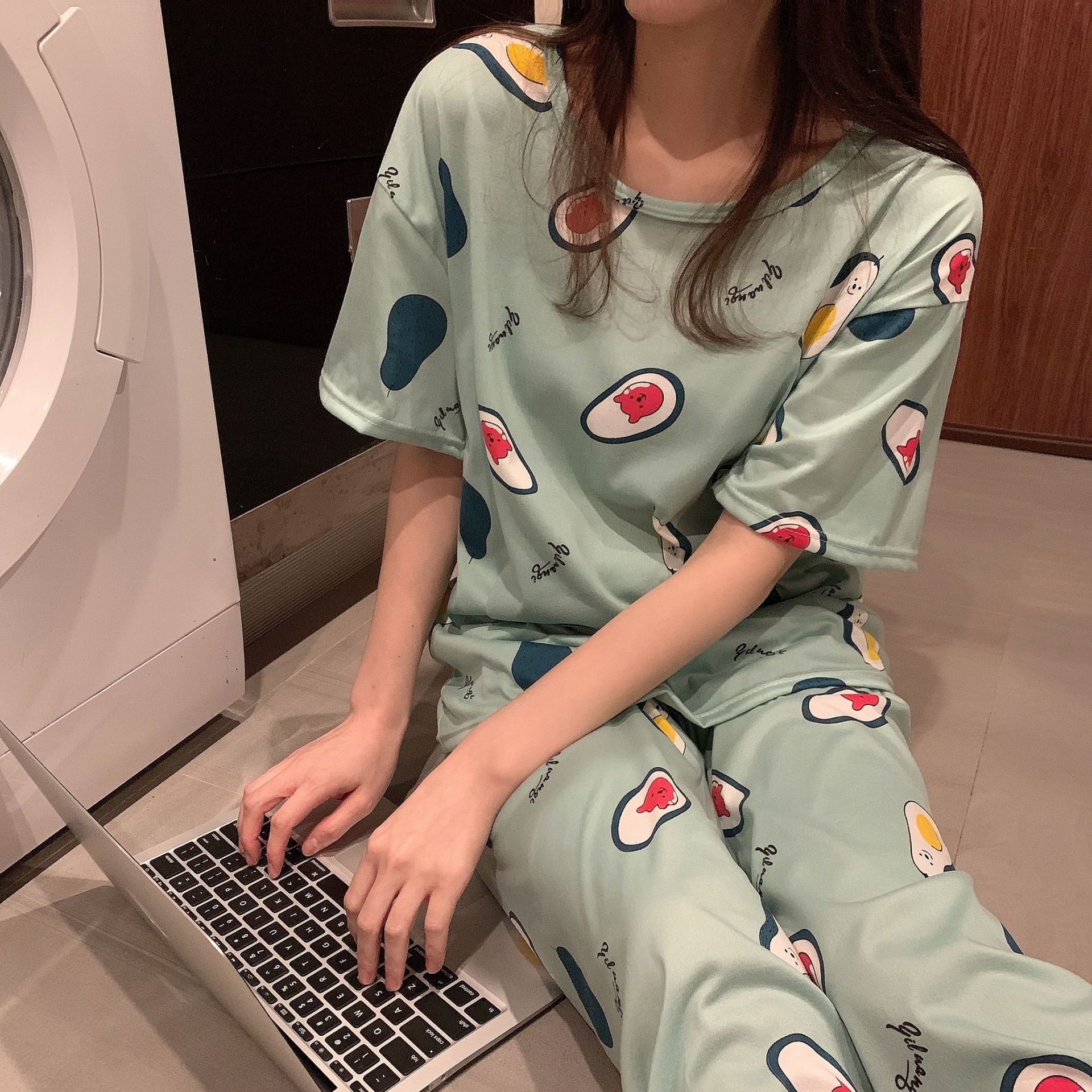 Picture of Pajamas Women's Spring and Autumn Summer Short-sleeved Trousers Large Size Loose Korean Style Fresh Cute Sweet Student Home Suit