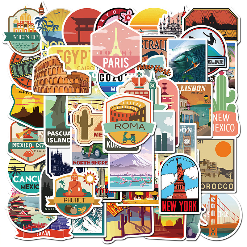 50 pieces city travel stickers luggage laptop guitar computer water Cup skateboard waterproof DIY decorative stickers