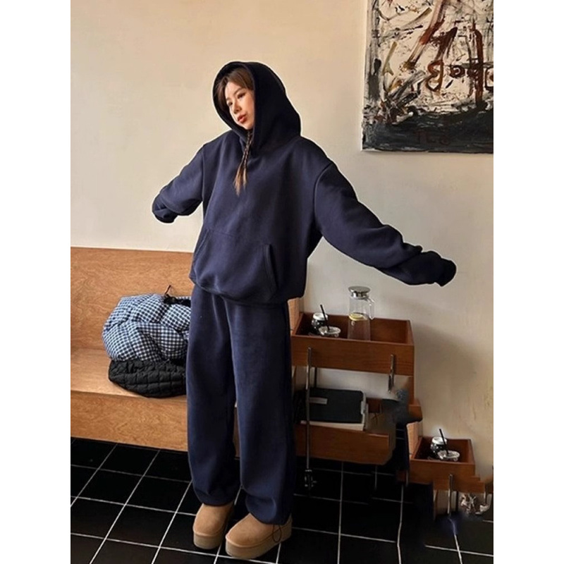 Salt Sports suit Women's Autumn and Winter fleece-lined Thickened Loose Sweat Student's Loose Straight Pants Casual Two-piece Set
