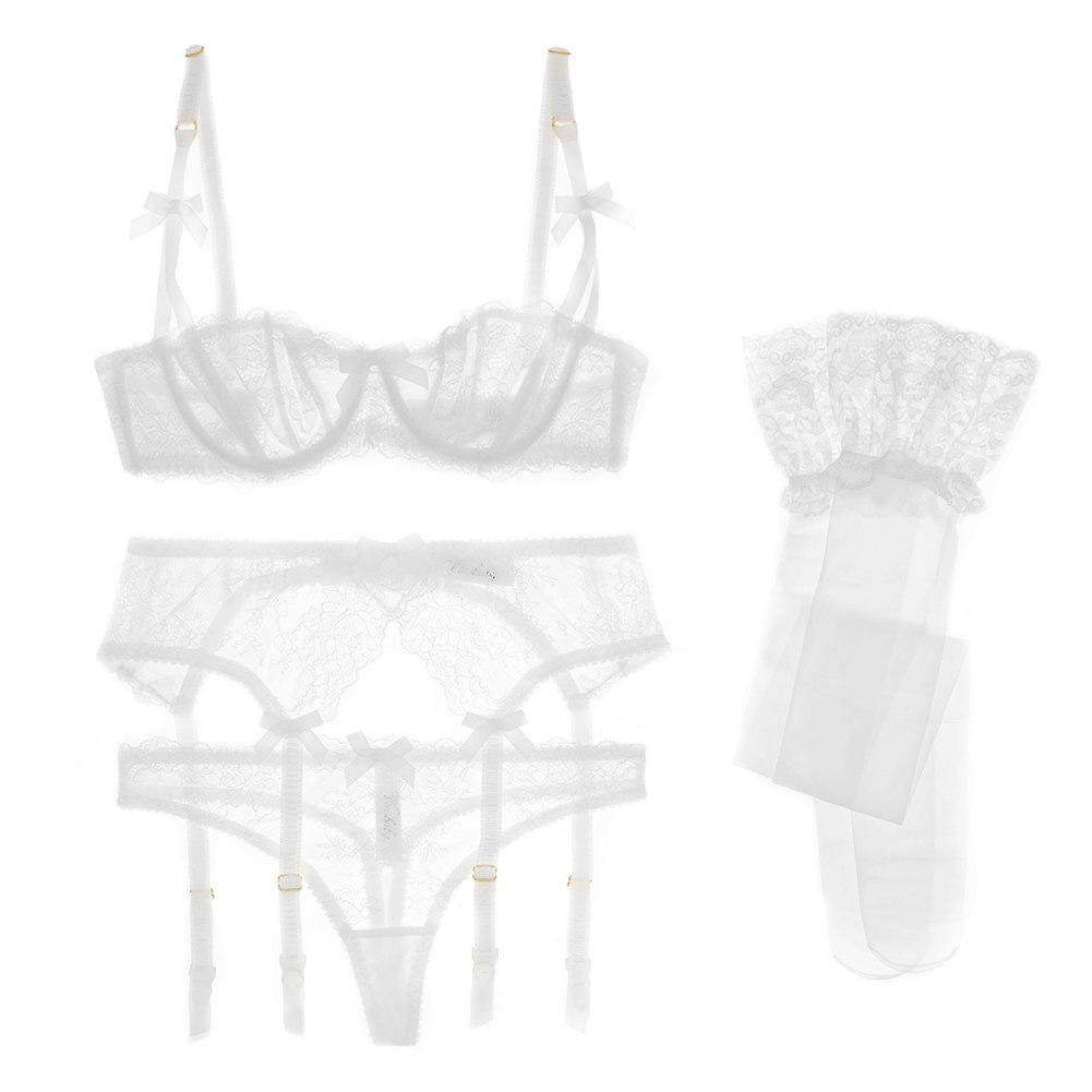 Picture of Independent Station Half Cup Sexy Lace 4-Piece Bra Intimates Women's Bra + Panties + Garter + Stockings Set