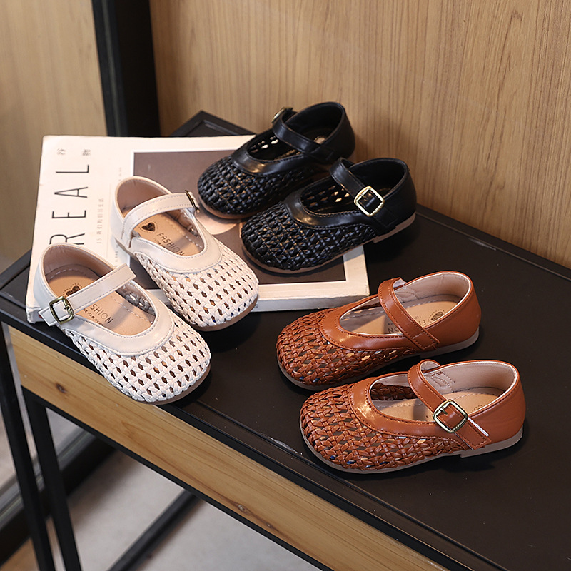 Girls' Woven Leather Shoes, Kidsren's Cut Out Bean Leather Shoes, Girls' Leather Shoes, Mary Jane Trendy Shoes, Toe-Toe Leather Shoes