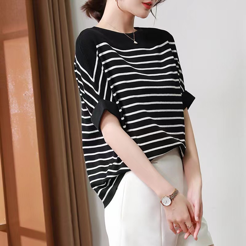 Women's all-match loose-fit striped bat-sleeve top comfortable pullover base shirt for summer