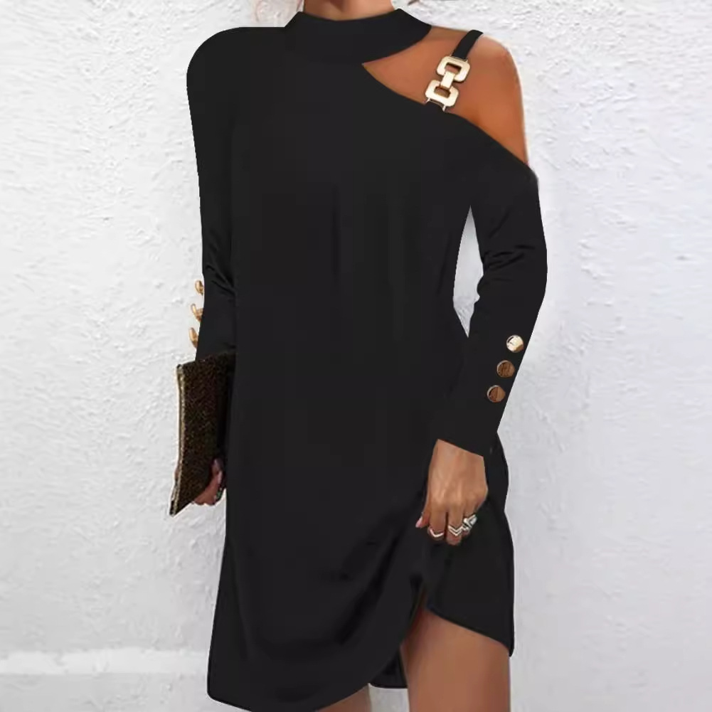 2024 independent station wish Amazon explosions autumn simple metal buckle neck shoulder button dress women's clothing