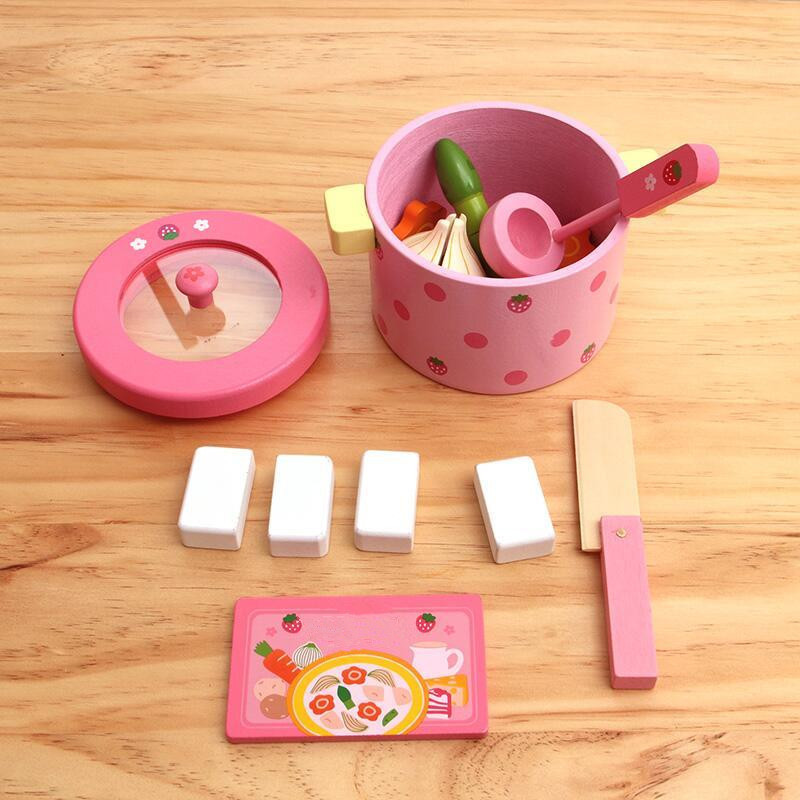 Picture of Wooden Pretend Play Vegetable Hot Pot with Cutting Board and Kitchen Utensils Set for Children