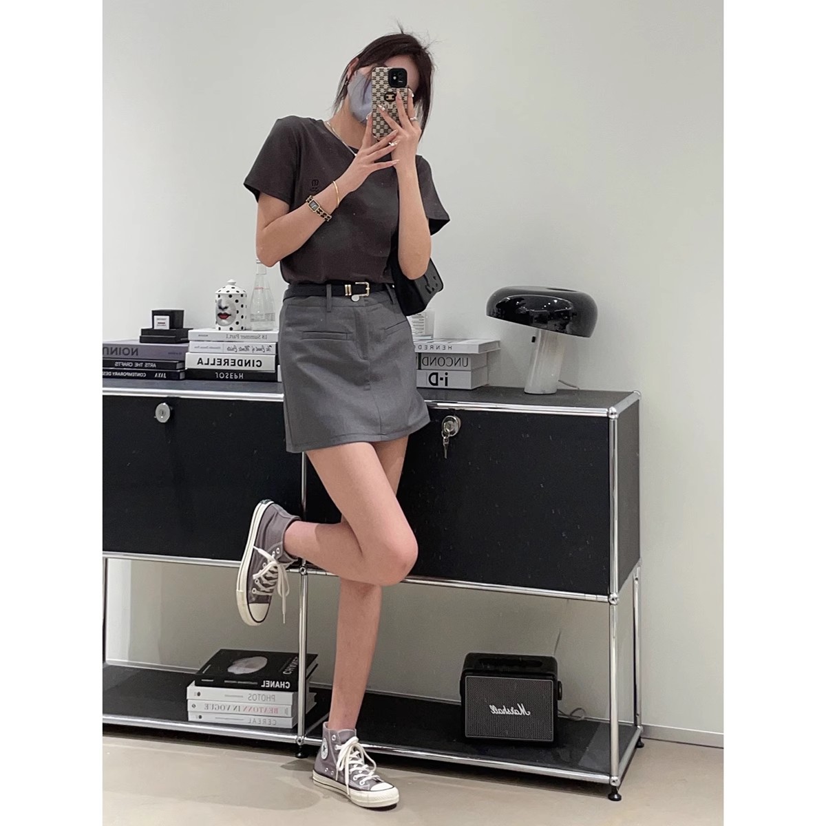 Gray A- line skirt 2024 new women's summer high waist versatile slimming suit professional hip skirt small