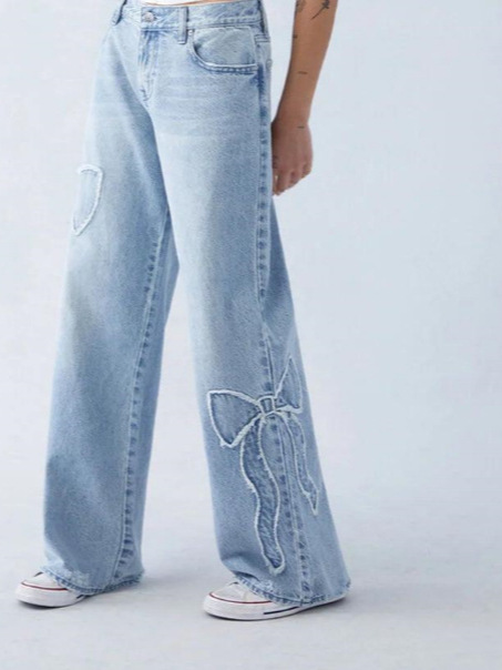 American Style High Street Bow Padded Loose Jeans Women's Spring and Autumn Design Sense High Waist Slimming Wide Leg Long Pants