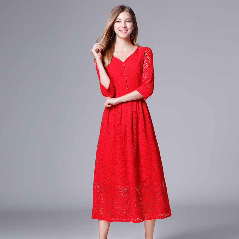 Women's Lace Dress Original Design European and American Autumn New Red Mid-length Large Size Foreign Trade Dress