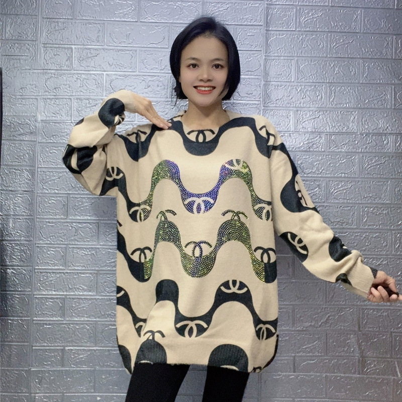 Wave Knitted Sweater Women's 2024 Autumn New Round Neck High-end Hot Rhinestone Fashion Long-sleeved Lazy Loose Stylish Top