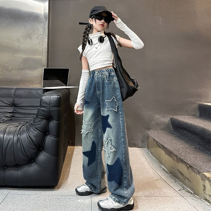 Picture of Girls' Autumn Pants 2025 New Korean Style Middle and Big Kids Loose Fashionable Cloth Embroidered Five-pointed Star Wide-leg Pants