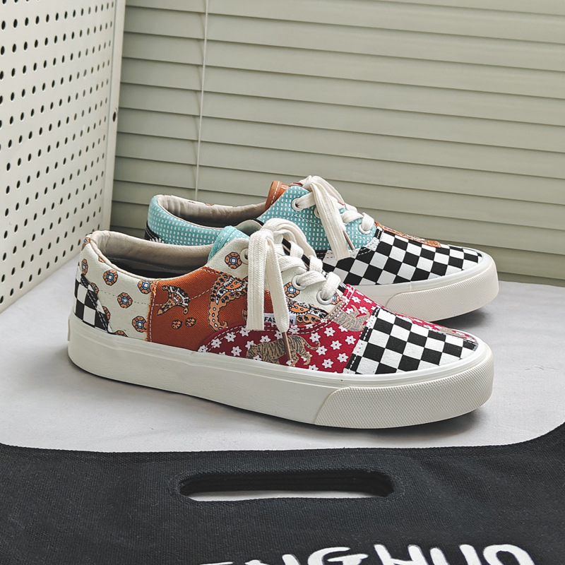 Student Sneakers Unisex Trendy Sports Sneakers Men's Plaid Print Canvas Shoes Versatile Couple Breathable