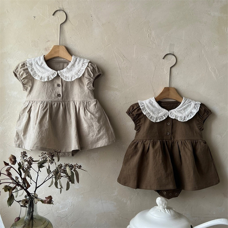 Picture of Ins Kidsren's New Summer Dress Baby Girl Korean Style Cute and Sweet Color-Blocked Collar Puff Sleeves Baggy Culottes
