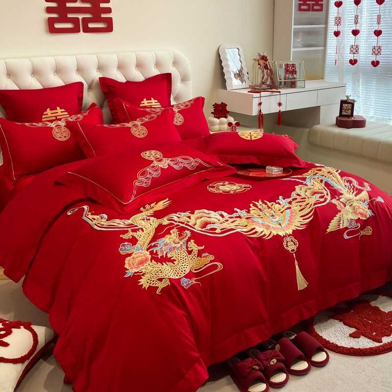 Picture of Chinese-style High-grade Wedding Four-piece Set Big Red Embroidered Wedding Dowry Quilt Cover Bed Sheet Newlywed Wedding Room Bedding