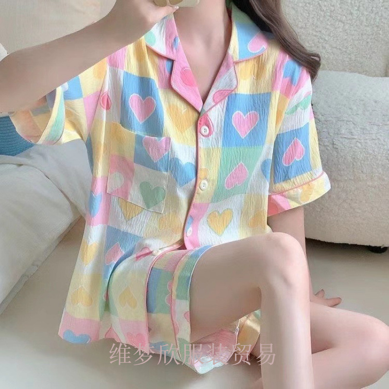 Pajamas for Women Summer New Style Cloud Cotton Double Short Cute Cartoon Small Lapel Short-Sleeved Shorts Casual Home Wear Set