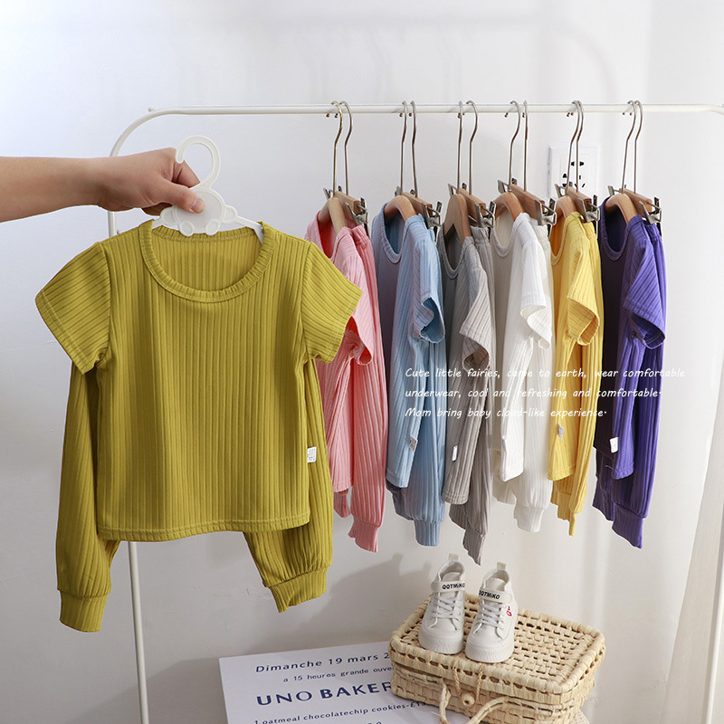 Picture of Children's Home Wear Set Korean Style Casual Unisex Solid Color 2024 Summer New Pajamas Children's Clothing Wholesale Short Sleeve
