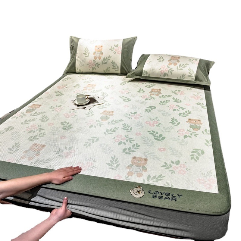 Summer 1800D Ice Rattan Mat Ice Silk Mat Three-Piece Bed Cover Fully Enclosed Foldable Cartoon Air Conditioning Soft Mat