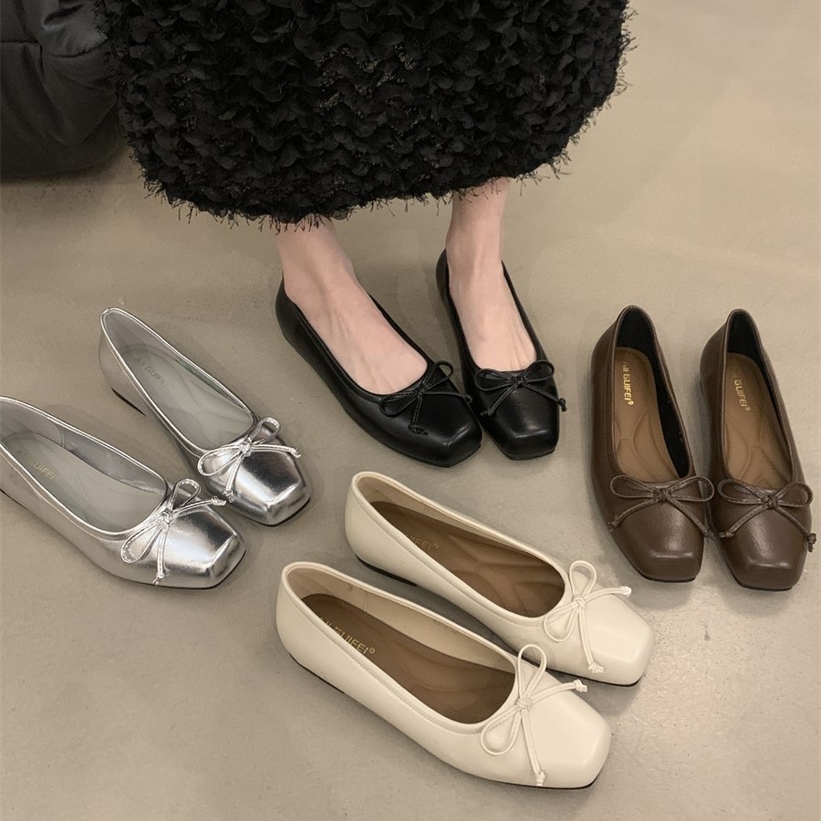 Silver single-layer shoes low-cut bow 2024 spring new French gentle evening wind flat pumps women's shoes