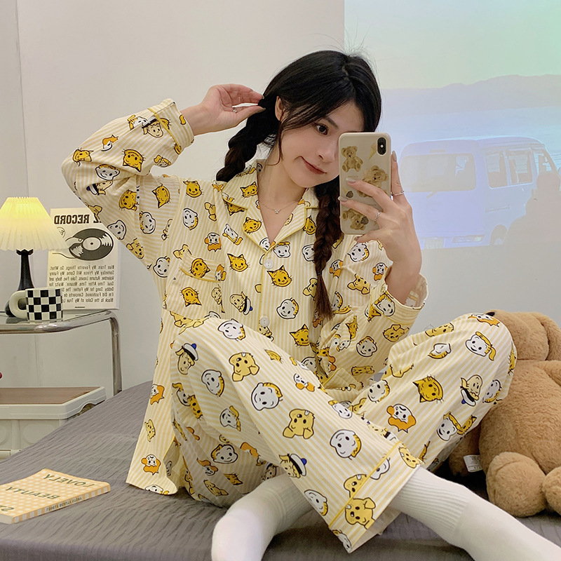 Picture of New Ins Pajamas for Women Simple Stripesd Internet Celebrity Long-Sleeved Cardigan Girl Korean Version Thin Home Wear Set Wholesale