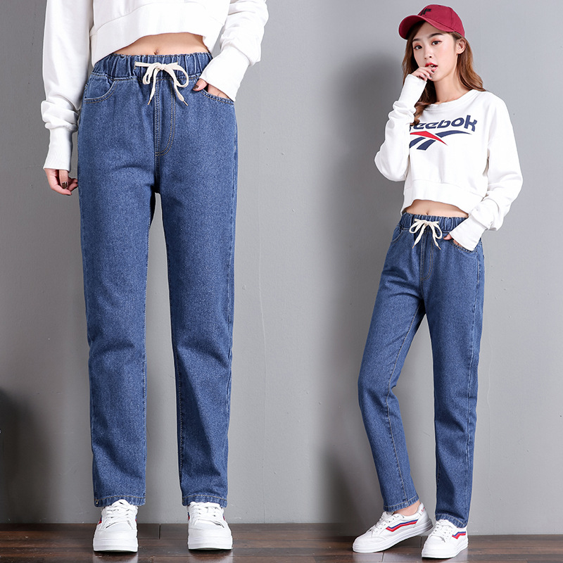 Picture of Korean Style Women's Straight Casual Elastoelastic Waist Lace-up High Waist Student Jeans Women's Loose Cropped Torre Pants Women
