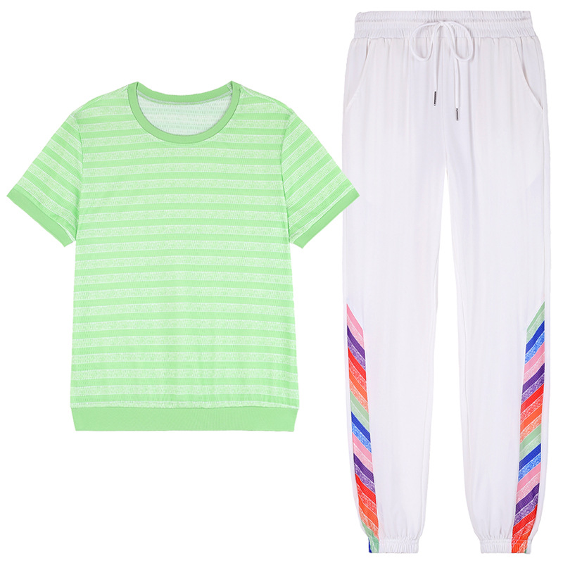 Picture of Ice Line Quick-drying Stretch Vertical Fashion Casual Sports Suit Women's Summer Thin Mesh Breathable Striped T-shirt Trendy