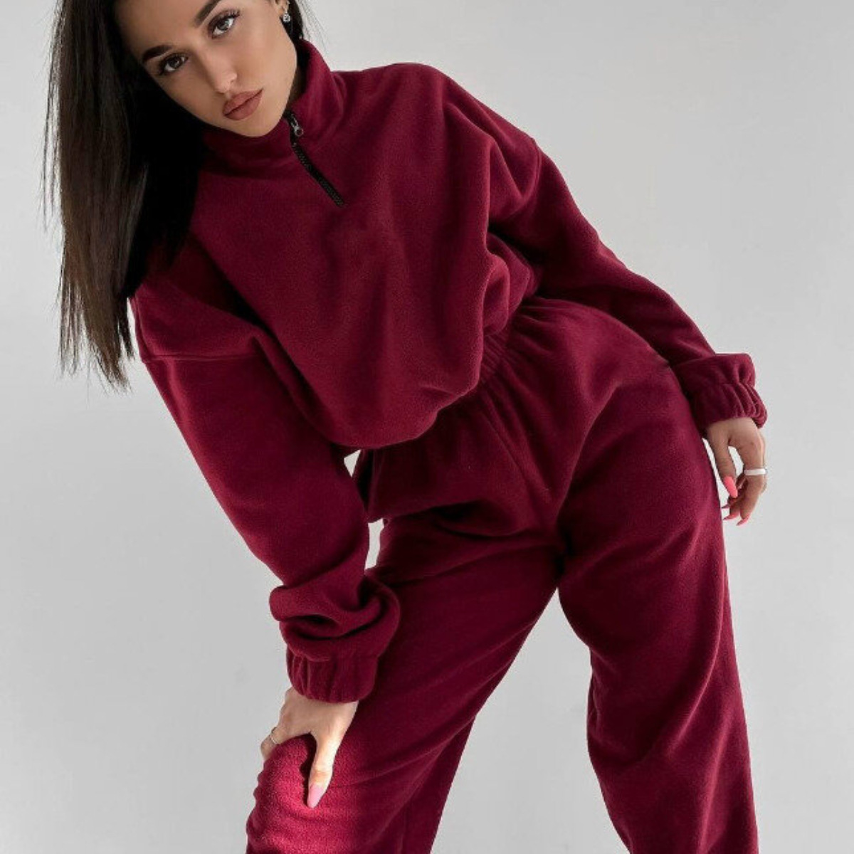 Picture of 2025 Spring and Autumn Hot Selling New Women's Clothing Amazon Fashion Solid Color Loose Zipper Stand Collar Sweatshirt Casual 2-Piece Set