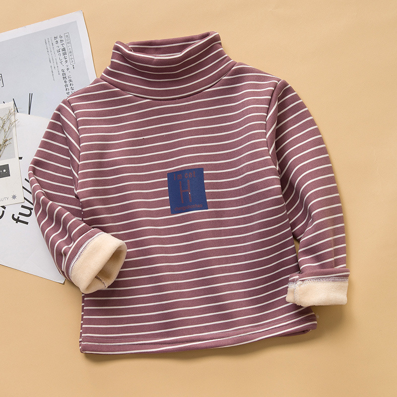 Picture of 2025 Kidsren's Bottoming Shirt Half Turtleneck Fleece-Lined Stripesd Long-Sleeved Warm Top for Boys and Girls Trbottomy Korean Style Autumn and Winter Kidsren's Clothing
