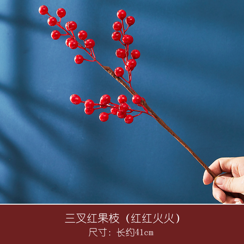 Picture of Red Fruit Branch Artificial Flower Holly Fruit Artificial Flower Red Berry Living Room Housewarming New Year Decoration Spring Festival Blessing Bucket Flower Arrangement Accessories