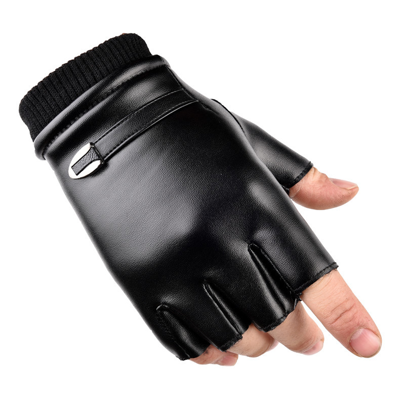 Picture of Student Men's Winter Fleece-lined Warm Half-finger Gloves Imitation Leather Riding Gloves Driving Fitness Thickened Soft Leather Gloves