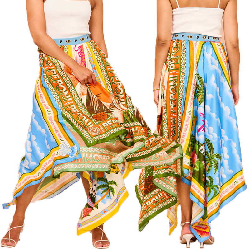 Spring and summer new cross-border European and American AliExpress independent station women's holiday irregular skirt printed skirt