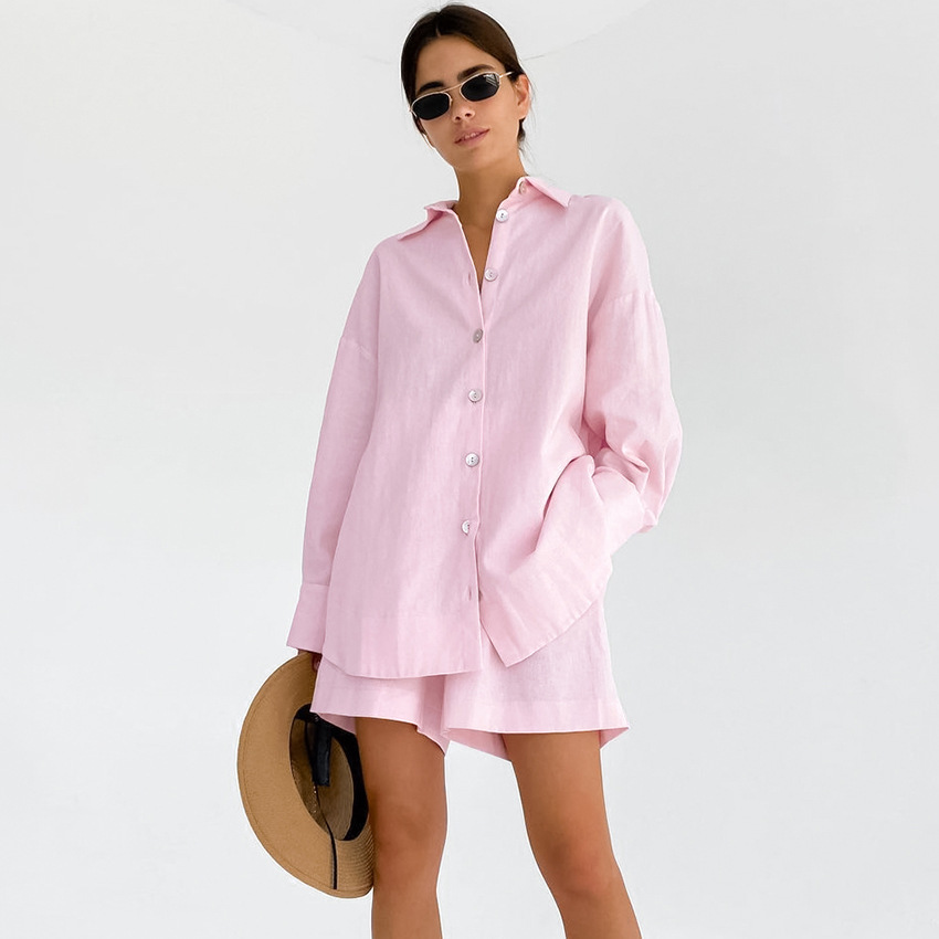 2024 summer European and American long sleeve shorts pajamas wholesale cotton and linen ladies loose fashion cross-border home clothes two-piece set