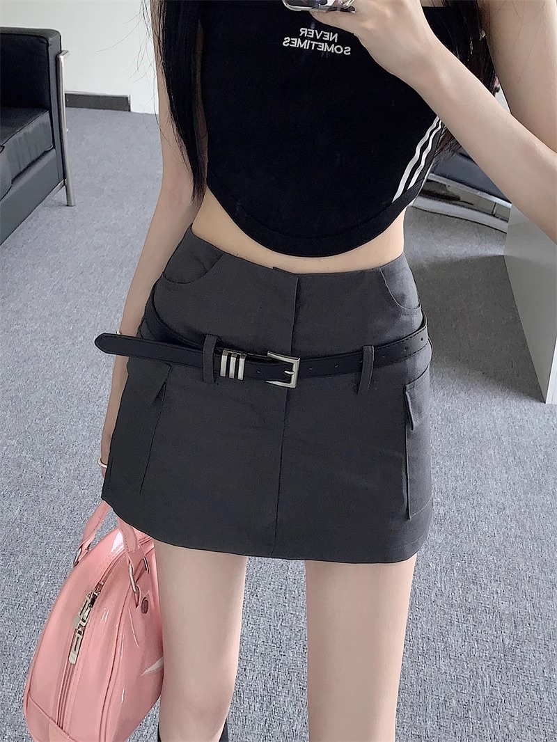 European and American Spice Girl High Waist Short Skirt Hip Skirt Belt Decorative Pocket Workwear Anti-Drain Safety Pants Small Skirt