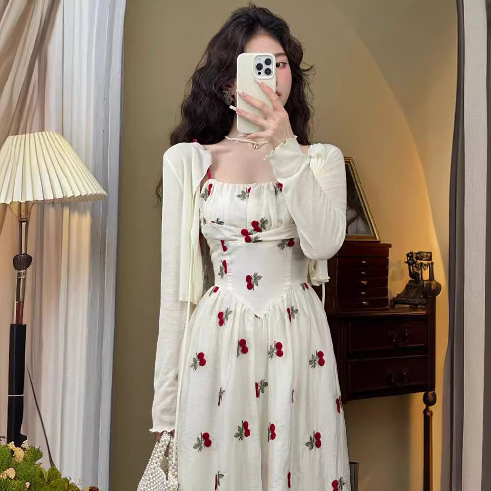 Seaside Vacation Gentle Style Sweet Fairy Sling dress Women's Summer Tight Waist French Cherry Print Midi Dress