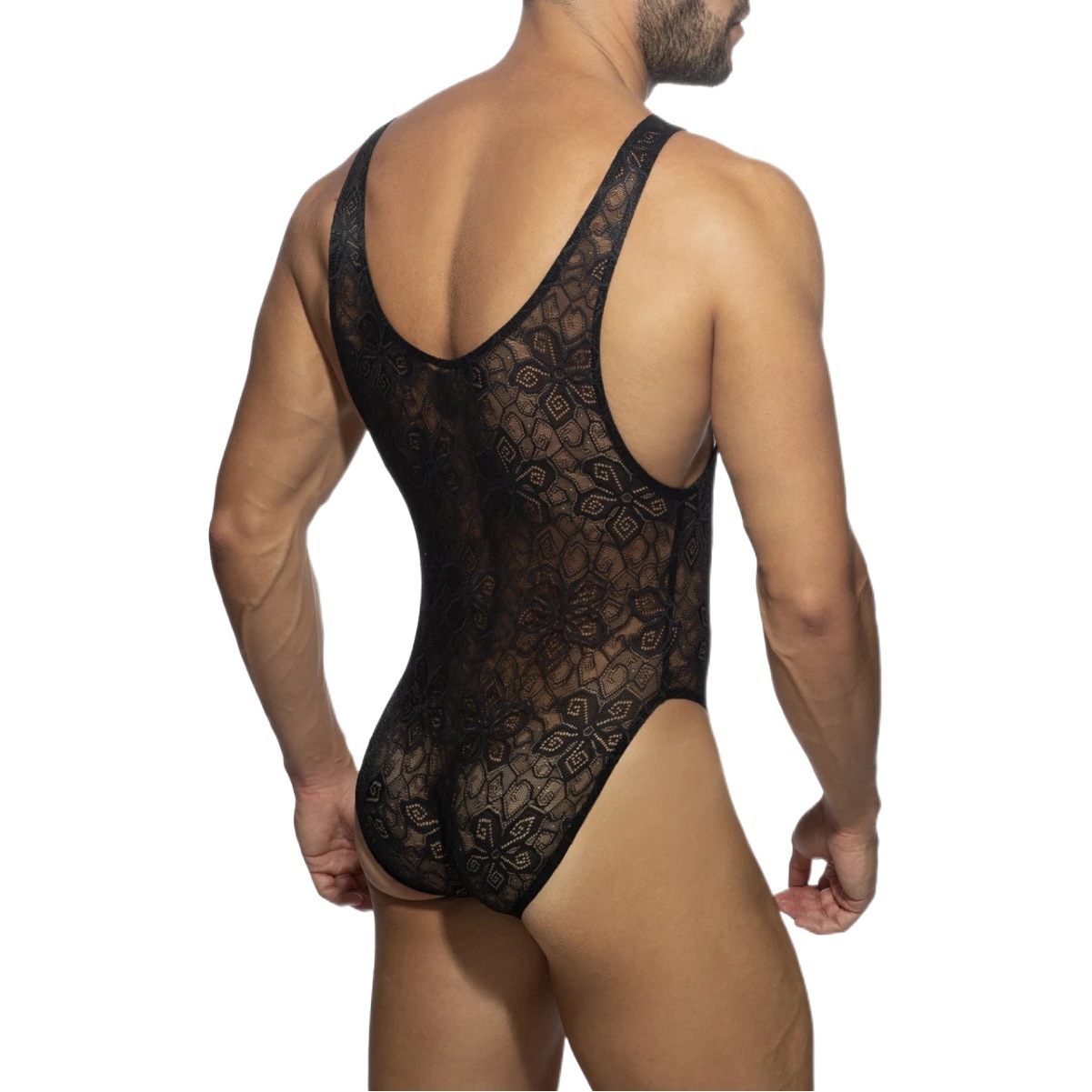 AD New 2023 Cross-border Men's Lace Underwear Triangle Jumpsuit Sexy Lace Pattern Transparent High Split