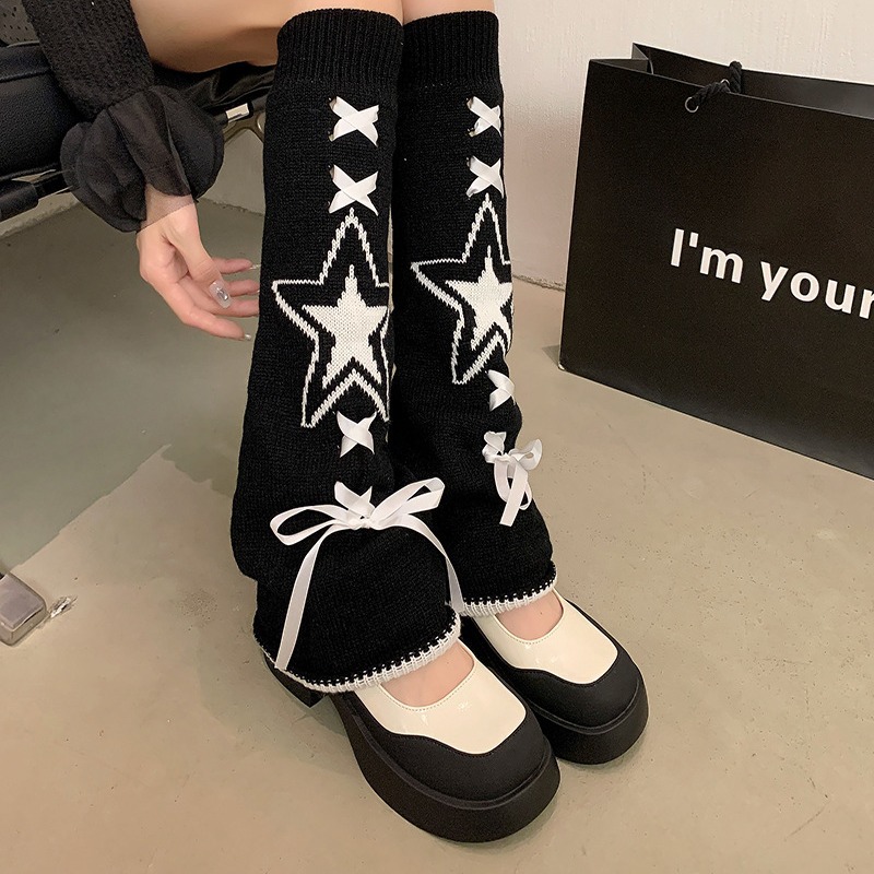 New Knitted Flare Leg Warmers Ribbon Star Strap Socks Sub-culture Y2K Personalized Stacked Socks