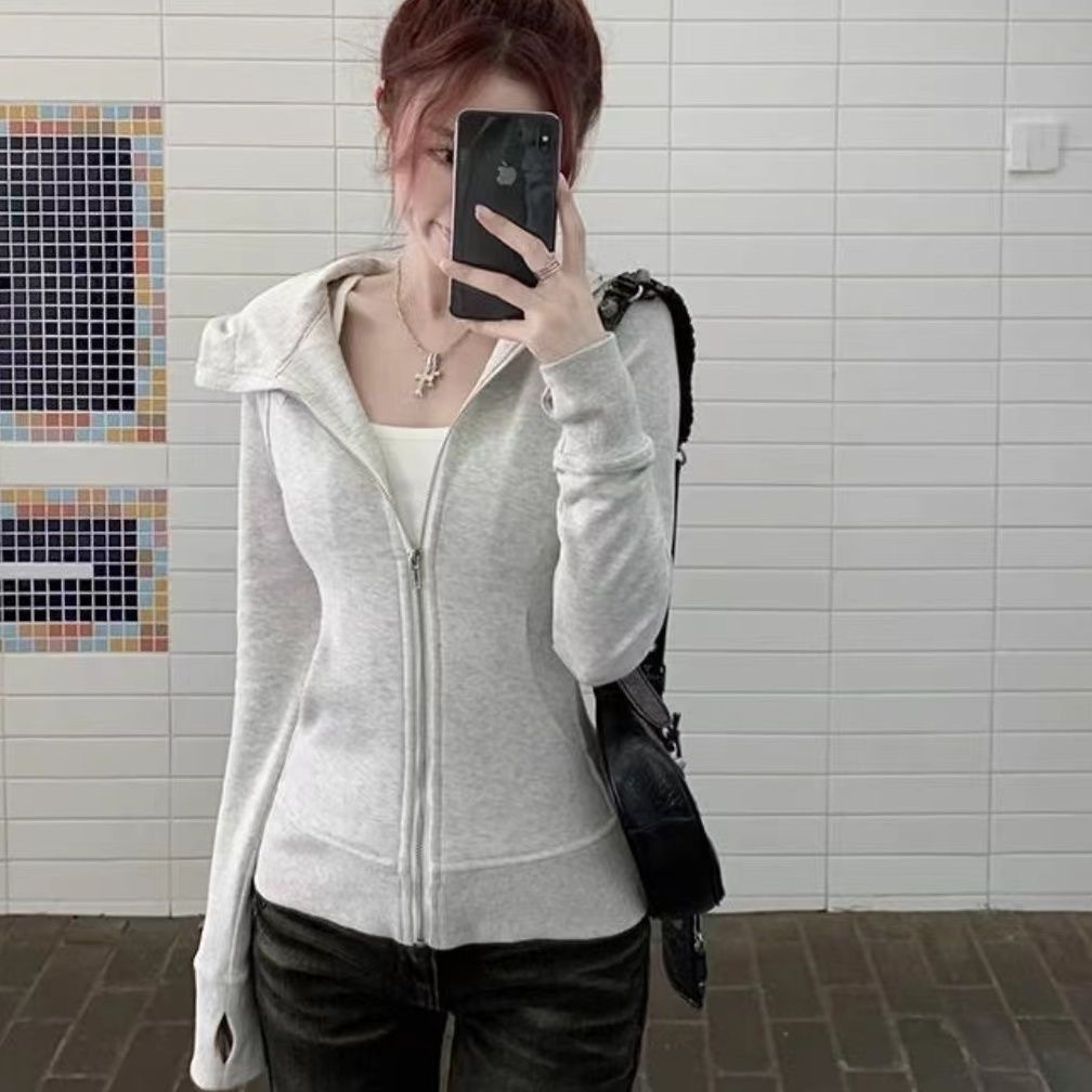 [Lightning Warehouse Hot Style] Gray Short Hooded Sweatshirt Zipper Spring Tops Women's Spring and Autumn Slim Top Spring