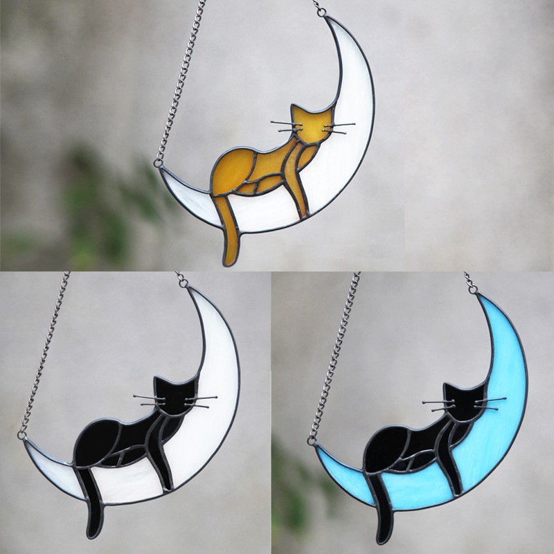 Cross-border New Moon Sleeping Cat Window Decoration Acrylic Flat Home Wall Decoration Window Creative Personalized Pendant