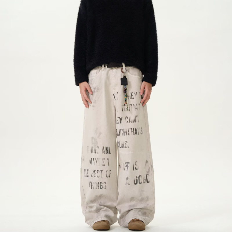 American Retro Letter Slogan Printed Casual Jeans for Men and Women with Wooden Feel Loose Straight Trousers