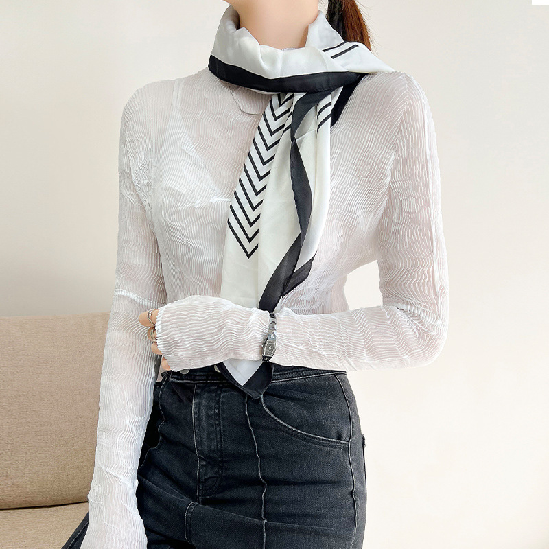 Picture of Miyake Ultra-thin Perspective Top Base Shirt Women's Spring and Summer Long-sleeved Sunscreen Western Style All-match Pleated Top Inner Shirt