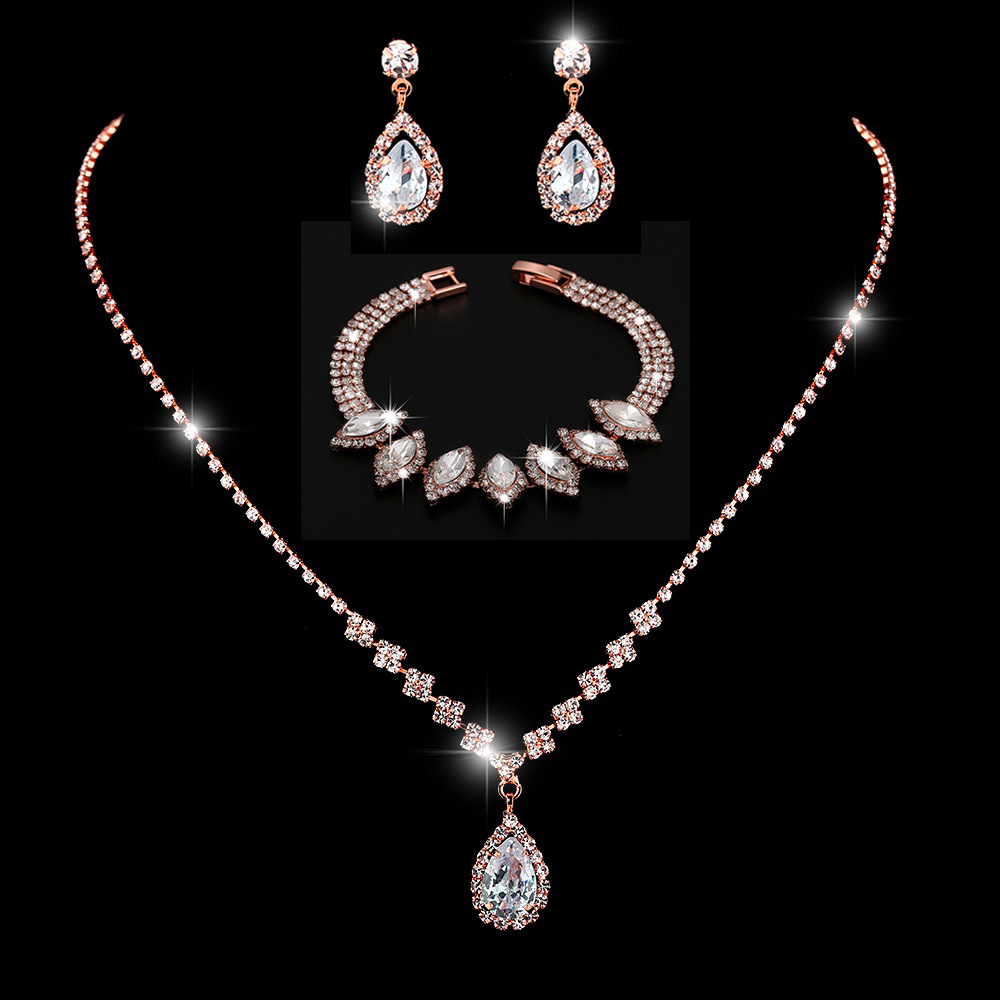 Picture of Brilliant diamond zircon water drop necklace earrings bride wedding jewelry shooting jewelry set wholesale