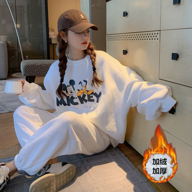 fleece-lined Thickened Internet Celebrity Casual Sports suit Women's Autumn and Winter Mickey Fashion Loose Sweat Two-piece Set
