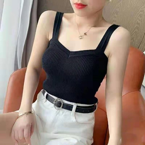 Picture of White Camisole Women's Spring and Summer All-match Slim-fit Slimming ins Fashionable Inner Base Shirt Outer Wear Knitted V-neck Top