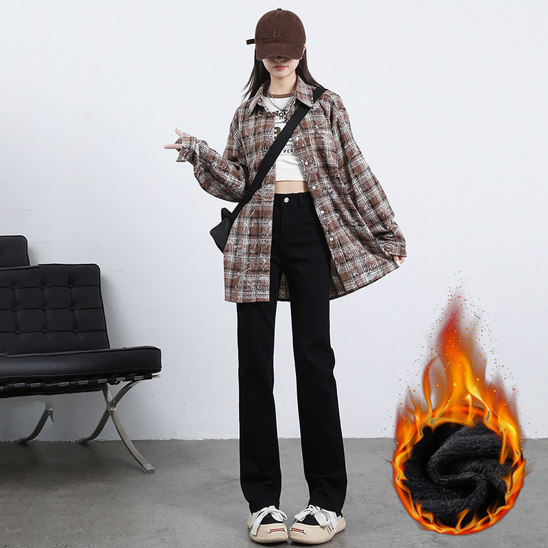 High waist fleece-lined straight jeans Women's Small 2023 new autumn and winter loose slimming narrow smoke tube trousers