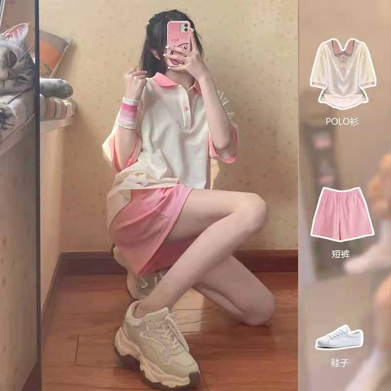 Casual sports suit women's summer new style salt sweet college style loose short sleeve shorts fashion two-piece suit