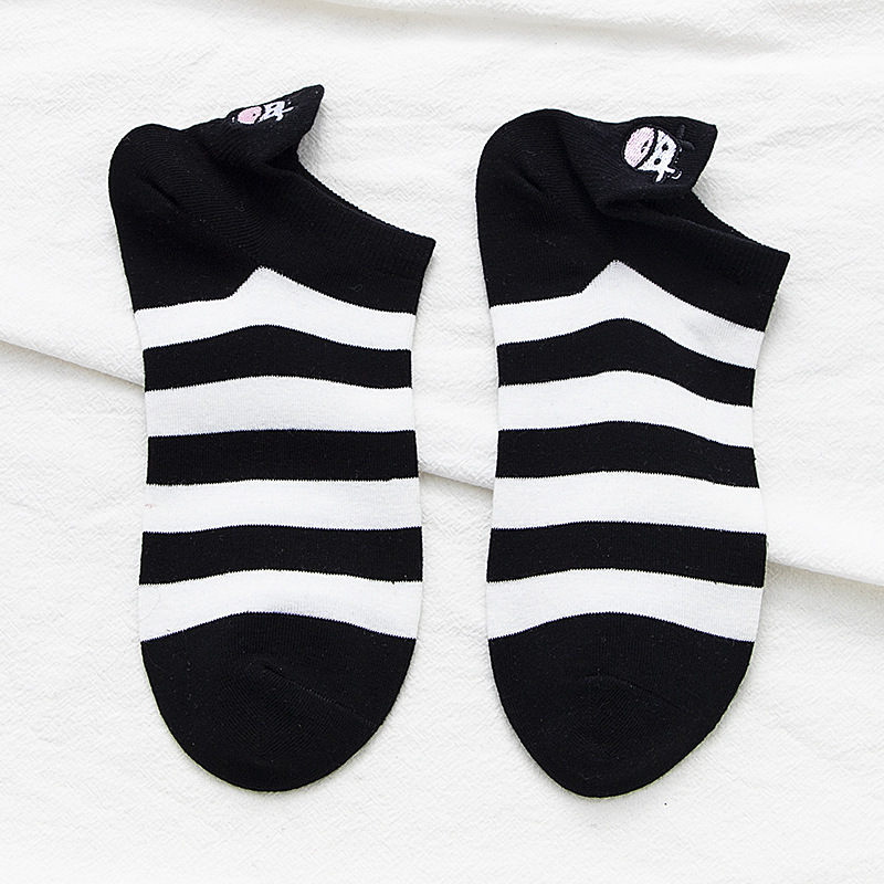 Picture of Black and White Cow Country Sweet Cute Japanese Short Socks Embroidered Striped Cartoon Boat Socks