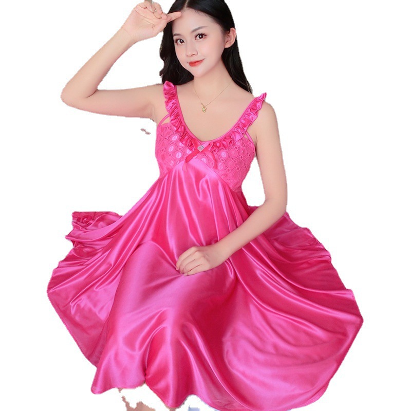 Summer Women's Pajamas Sexy V-neck Ice Silk Sling Nightgown Women's Imitation Silk Home Clothes Wholesale